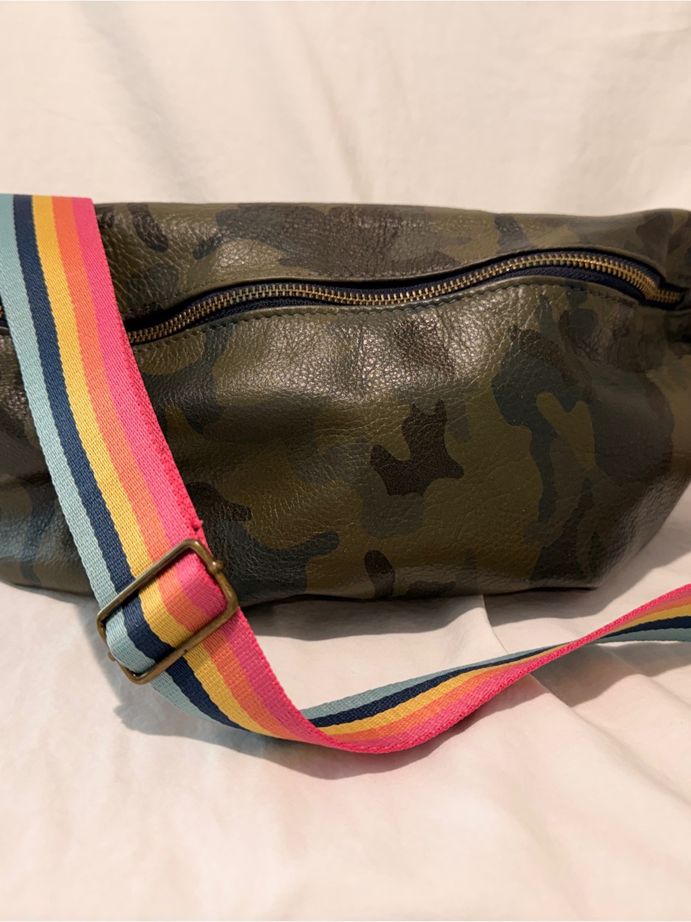 Camouflage Crossbody Belt Bag with Rainbow Strap